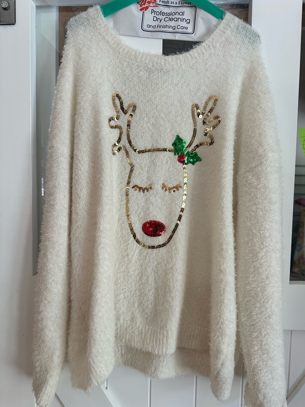 New York & Company Cream Fuzzy Reindeer Sequin Sweater